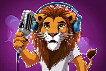 Vibrant Lion Rapper Character with Microphone and Headphones