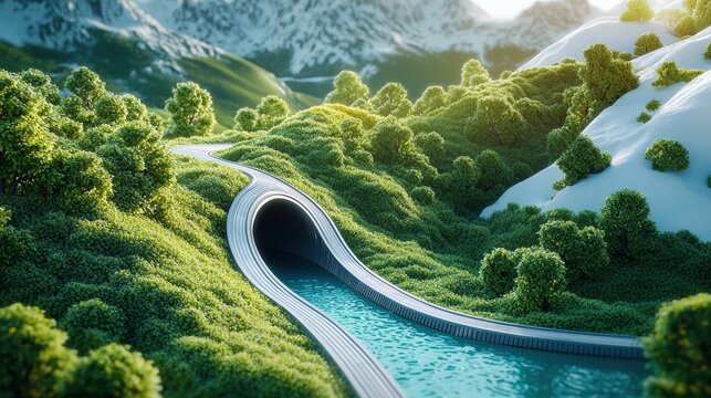 An aerial view of a hyperloop track disappearing into a tunnel entrance, surrounded by a futuristic landscape.
