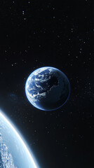 Earth in space universe planet with shiny star dark blue technology science background with copy space. astronomy starry sky shimmering glow wallpaper
