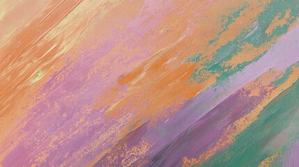 Abstract background with colorful textured strokes of acrylic paints in orange, pink, and green colors