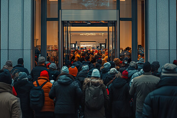 large, excited crowd rushes through store entrance on sale day, full of anticipation