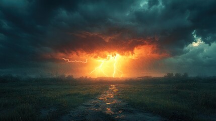 Dramatic lightning storm over a field with a path leading towards the storm.