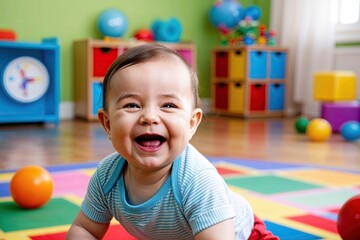 Obraz premium Happy Baby Laughing in Vibrant Playroom Filled with Joy and Colorful Fun