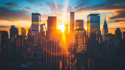 Fototapeta premium The sun rising behind a row of skyscrapers, filling the sky with warm light and casting the buildings in silhouette.