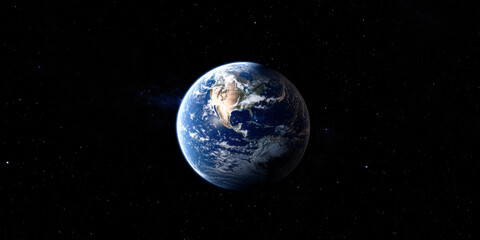 Fototapeta premium 3D planet earth in space universe with shiny star dark blue technology science background with copy space. astronomy starry sky shimmering glow wallpaper