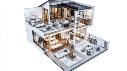 Sliced open 3D house with visible floors, revealing bedroom, living room, and kitchen interiors with a contemporary design.