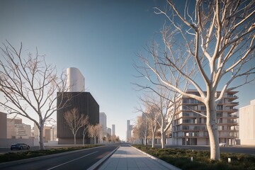 Obraz premium Sunlit Cityscape with Minimalist Urban Tree Branches in 3D Render