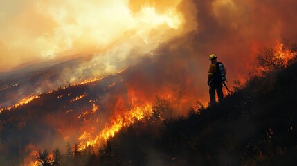 Fototapeta premium A lone firefighter stands on a hillside overlooking a wildfire burning through the brush.