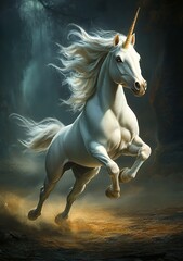 Naklejka premium A majestic white unicorn with a golden horn runs through a dark forest.