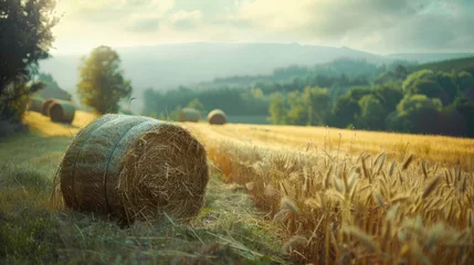 Fototapete Decorative Hay Bales with blurred farm landscape background, copy space, cinematic © Pixels 