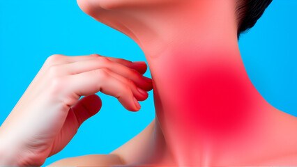 Redness and sore throat. A person touches a sore neck. A low-poly construction of interconnected lines and dots. Blue background.