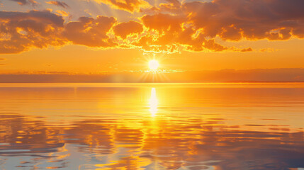 Obraz premium The sun rising over a calm lake, its golden reflection shimmering on the water's surface as the day begins.