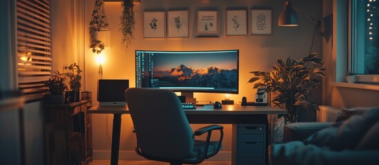 A comfortable and well-lit home office with a large monitor, a desk, a chair, plants, and a couch, perfect for working from home or gaming.