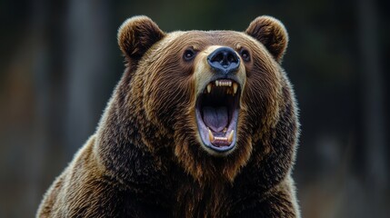 Fototapeta premium Grizzly bear roaring in forest, close-up