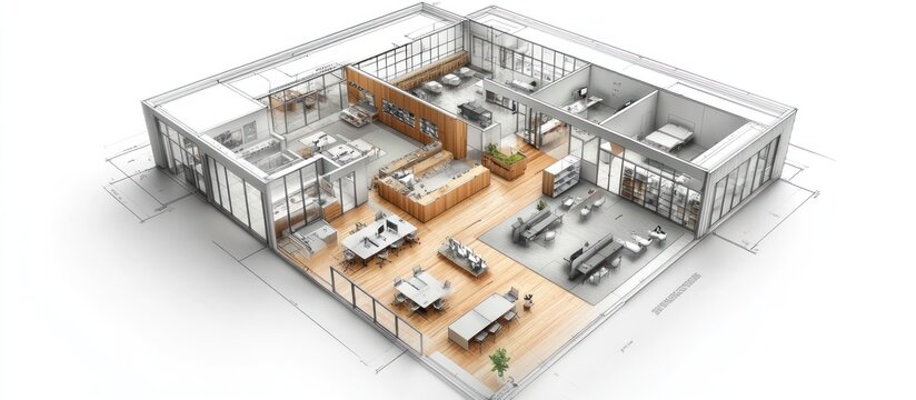 3D isometric floor plan of a modern office building.