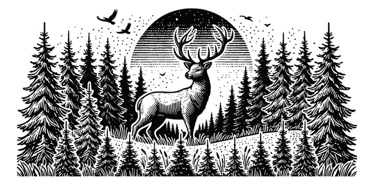 deer with antlers in a forest sun moon engraving black and white outline