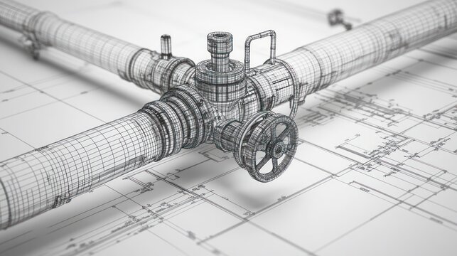 A wireframe illustration of industrial piping and a valve over a blueprint background.