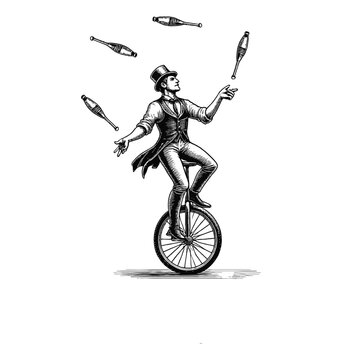 recommend clip art: man juggling while riding a unicycle engraving black and white outline