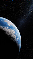 Fototapeta premium 3D planet earth in space universe with shiny star dark blue technology science background with copy space. astronomy starry sky shimmering glow wallpaper