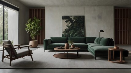 Fototapeta premium AI-generated minimalist living rooms blending Scandinavian and East Asian aesthetics, featuring natural materials, serene backdrops, and unique color accents