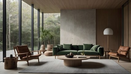 Fototapeta premium AI-generated minimalist living rooms blending Scandinavian and East Asian aesthetics, featuring natural materials, serene backdrops, and unique color accents