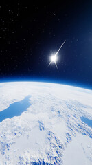 3D planet earth meteorite in space universe with shiny star dark blue technology science background with copy space. astronomy starry sky shimmering glow wallpaper