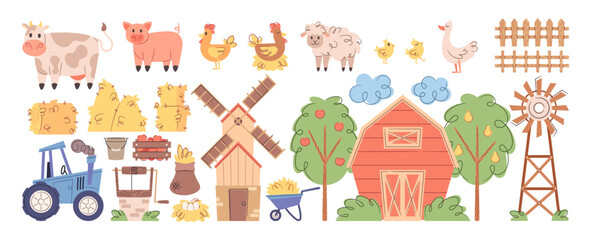 Village farm buildings, agricultural machinery vehicles, harvest and animals design elements set © wooster