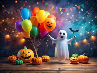 Cheerful Ghost Character with Colorful Balloons in a Festive Halloween Setting Surrounded by Playful Decorations and Colorful Paint Swatches for a Whimsical Atmosphere