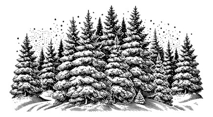 Obraz premium snow covered fir trees engraving black and white outline