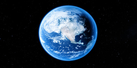 Obraz premium 3D planet earth in space universe with shiny star dark blue technology science background with copy space. astronomy starry sky shimmering glow wallpaper