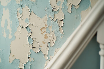 Close up view of peeling lead paint on a stairwell wall during a renovation project