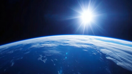 Fototapeta premium 3D planet earth in space universe with shiny star dark blue technology science background with copy space. astronomy starry sky shimmering glow wallpaper