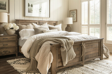 Modern farmhouse bedroom with a barn-style bed frame, farmhouse shutters, neutral-toned bedding, and a soft, plush throw blanket for a homey feel. home interiors 