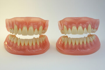 Fototapeta premium Two teeth missing from a child's smile, surrounded by healthy teeth. Dental hygiene concept, close-up view.