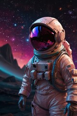 Man in a white spacesuit is standing on a rocky surface