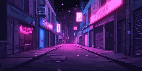 A retro-futuristic alleyway at night, illuminated by vibrant neon signs, with a starry sky above.