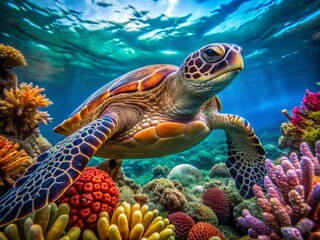 Fototapeta premium Close-Up of a Graceful Sea Turtle Swimming Through a Vibrant Coral Reef, Showcasing the Rich Marine Life and Colorful Corals in an Underwater Paradise