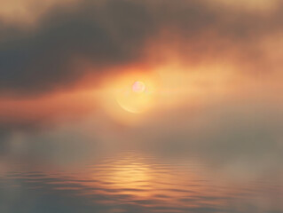 Fototapeta premium The sun setting behind thick fog, its warm light casting a soft glow through the mist and filling the sky with subtle colors.