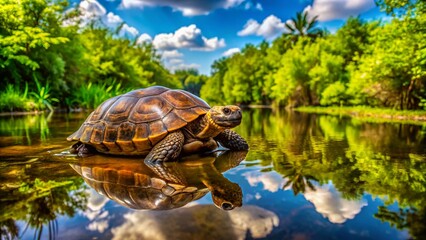 Fototapeta premium Close-up of a Swamp Tortoise Moving Through Muddy Water Surrounded by Lush Green Foliage in Hatteras National Seashore, Outer Banks, North Carolina on a Bright Sunny Day
