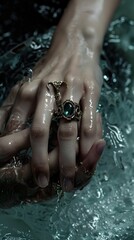 Fototapeta premium Close-up of a Hand with a Sparkling Green Gemstone Ring in Water