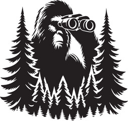 Obraz premium Bigfoot silhouette with binoculars peeking through trees