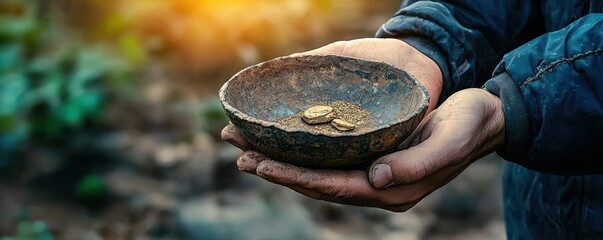 Rustic gold pan in hand, glimmering with gold dust, detailed texture, Gold Rush tools, mining concept