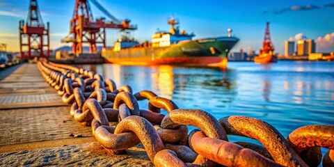 Close-Up of Rusted Chains Securing Shipping Dock with Cargo Ship and Cranes in Background, Highlighting Industrial Strength and Maritime Elements in an Urban Environment