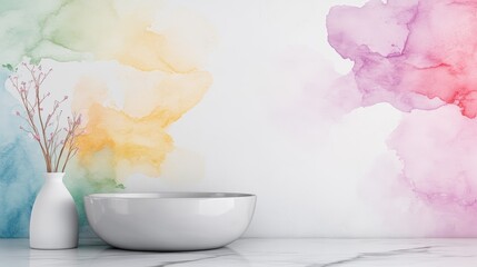 A serene still life, simple bowl and vase on wooden table in modern minimalist setting