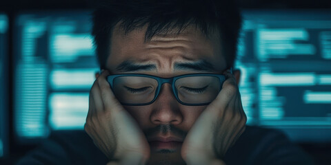Workload on the computer led to burnout at the desk concept. A close-up of a stressed burnout office worker with glasses, showing fatigue against a backdrop of computer screens and data.