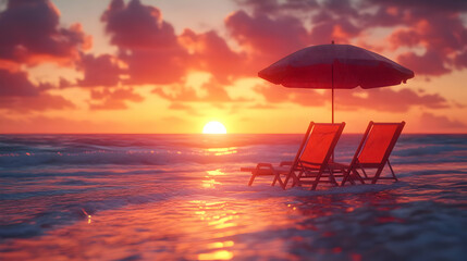 Sunset Beach Chairs and Umbrella Illustration