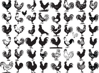 Black & White Premium Rooster Silhouette Collection – 50 Unique Designs for Logos, Prints, Creative Projects, Decor and More