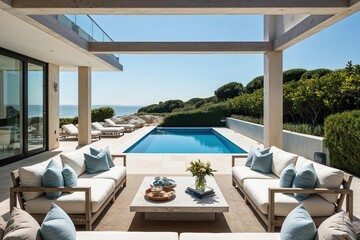 Fototapeta premium Luxurious Beachfront Property with Stylish Coastal Living Area Pool and Terrace