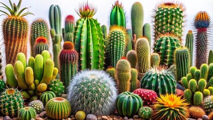 Collection of assorted cacti in various shapes and sizes isolated against a clear background, showcasing their unique textures and colors for botanical enthusiasts and interior design inspiration.