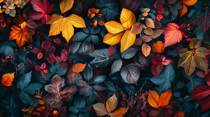 Fototapeta premium Colorful assortment of autumn leaves in vibrant shades covering a dark background